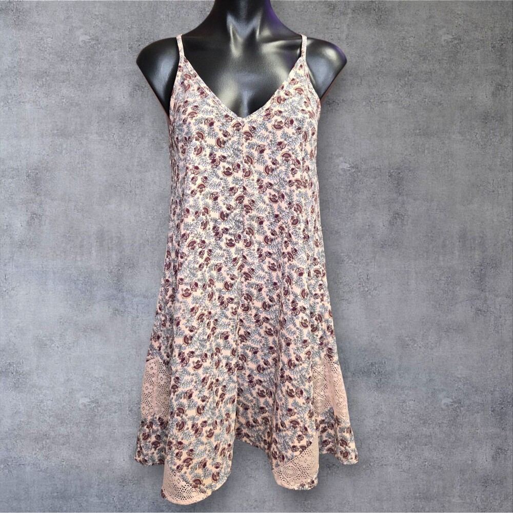 Dress Womens XS Beige Floral Slip Trapeze Swing Crochet Boho Summer Made USA
